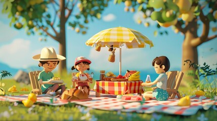 A retro-inspired 3D render of a family picnic  AI generated illustration