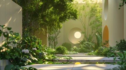 A serene 3D rendering of a lush green garden with abstract shapes  AI generated illustration