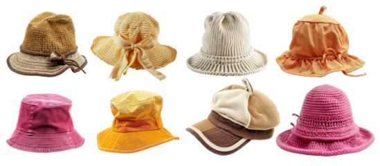 Hats for kids, children and baby collection isolated on transparent background.