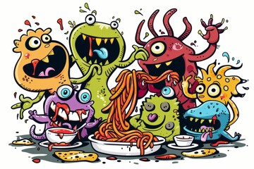 Cartoon cute doodles of baby monsters having a messy mealtime with spaghetti and monster sauce, Generative AI