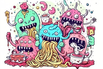 Cartoon cute doodles of baby monsters having a messy mealtime with spaghetti and monster sauce, Generative AI