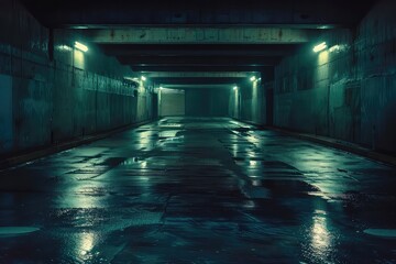 Midnight basement parking area or underpass alley. Wet, hazy asphalt with lights on sidewalls. crime, midnight activity concept 