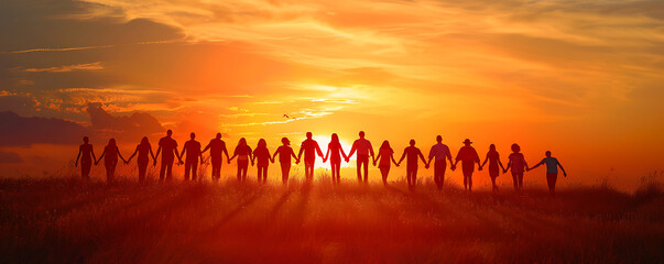 Giving a helping hand concept of unity, teamwork and charity with sunrise background.