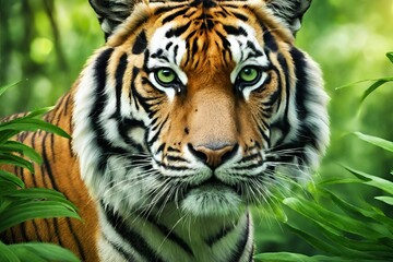 beautiful bengal tiger with lush green habitat background 