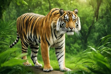 beautiful bengal tiger with lush green habitat background 