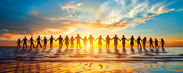 Giving a helping hand concept of unity, teamwork and charity with sunrise background.