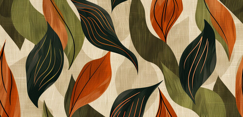 Trendy earth-tone fabric with leaf motifs and abstract lines on a tan background.