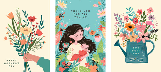 Set of cards for Mother's Day. Mom holds her daughter in her arms. Watering can with flowers "For best mom" A hand holds a bouquet of flowers. Pastel colors, congratulatory phrases vector illustration