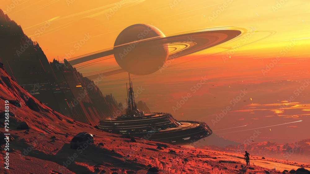 Poster a space station orbiting a distant planet with futuristic architecture ai generated illustration