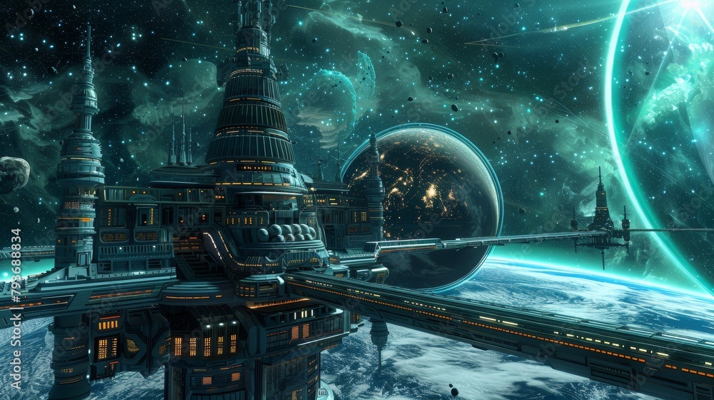 Aufkleber a space station orbiting a distant planet with futuristic architecture ai generated illustration