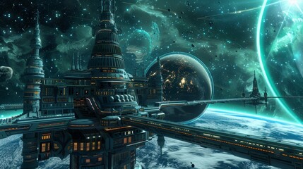 A space station orbiting a distant planet with futuristic architecture  AI generated illustration