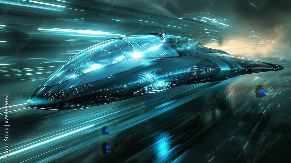 Poster a surreal abstraction of a futuristic spaceship with sleek lines and glowing propulsion systems ai g