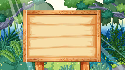 Blank wooden signboard in a lush forest setting
