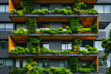 Sustainable architecture, the facade of a modern building with a lot of green plants