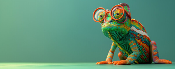 A colorful chameleon wearing glasses is standing on a blue background . Concept of whimsy and playfulness, as the chameleon is dressed in a quirky and unexpected outfit - obrazy, fototapety, plakaty