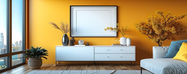 Vibrant yellow wall with modern dresser 