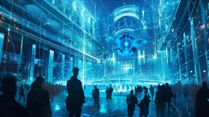 A surreal scene of a futuristic concert hall with holographic musicians and interactive soundscapes  AI generated illustration