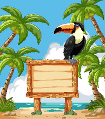 Fototapeta premium Colorful toucan perched on a blank wooden sign.