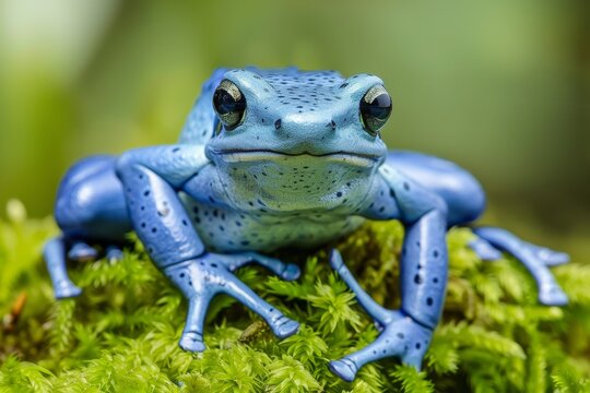 Vibrant blue poison dart frog dendrobates tinctorius azureus on lush green moss in macro close up