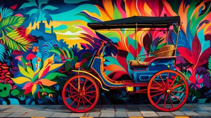 A vibrant and colorful rendering of a rickshaw  AI generated illustration - obrazy, fototapety, plakaty