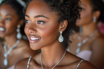 A group of bridesmaids admires their matching diamond earrings and necklaces while getting ready for a wedding, adding a touch of elegance and sparkle to the bridal party
