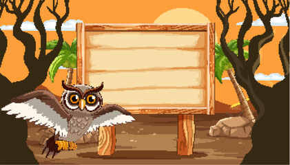 Cartoon owl next to a wooden sign in forest