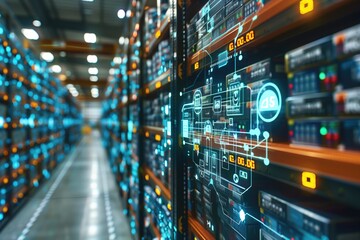 Naklejka premium A high-tech warehouse equipped with AI-powered inventory management systems that track stock levels, monitor expiration dates, and optimize storage space using advanced algorithms