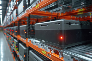 A high-tech warehouse equipped with AI-powered inventory management systems that track stock levels, monitor expiration dates, and optimize storage space using advanced algorithms