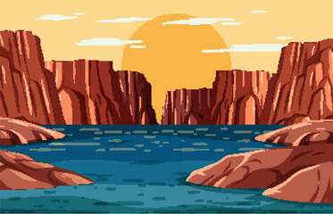 Vector of a tranquil canyon sunset over water