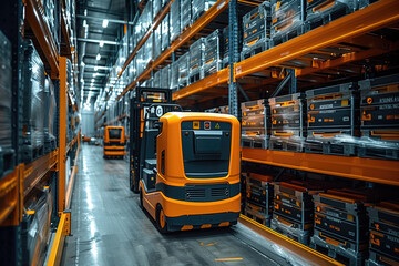 A high-tech warehouse equipped with AI-powered inventory management systems that track stock levels, monitor expiration dates, and optimize storage space using advanced algorithms