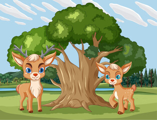 Two cartoon deer standing by a large tree