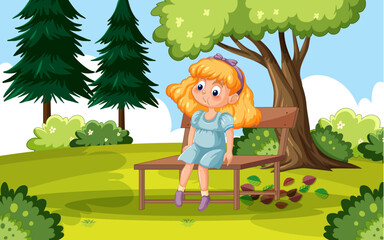 Cartoon girl sitting on bench under tree in park
