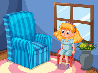 Cartoon of thoughtful girl in a vibrant living room.