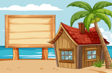 Vector illustration of a cozy beach hut with sign.