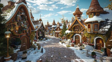 A whimsical 3D fairytale village with cute cottages and winding streets  AI generated illustration - obrazy, fototapety, plakaty