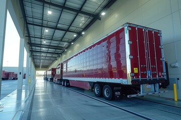A loading dock area where trucks are loaded and unloaded with goods, featuring AI-powered scheduling systems that optimize dock usage and minimize wait times for vehicles - obrazy, fototapety, plakaty