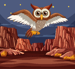 Cartoon owl flying in a starry canyon scene