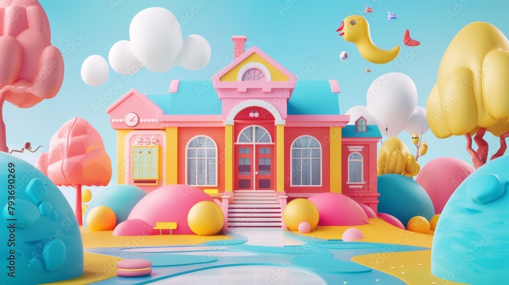 Poster a whimsical 3d interpretation of a school building in an abstract style ai generated illustration