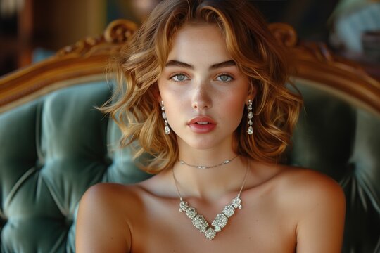 A glamorous woman lounges on a velvet sofa, wearing a stunning diamond necklace and earrings, exuding confidence and sophistication in a luxurious setting