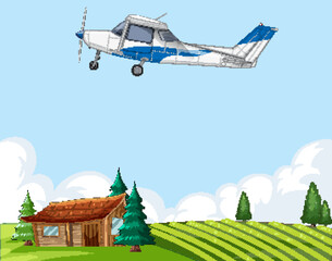 Vector illustration of a plane above a rural house