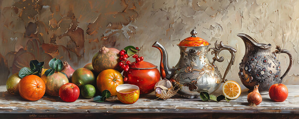 Obraz na płótnie Canvas Still life with tea pot painting.