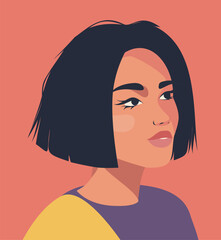 Vector flat illustration of a bright portrait of a woman with a brunette bob hairstyle avatar on a pink background. Avatar icons, user profile, media, website and app design and development, icons