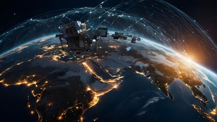 Satellite web data network, global connectivity, low-orbit regional geopolitics, 5G telecommunications, and world space - obrazy, fototapety, plakaty