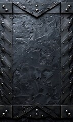 Black textured metal door with rivet details.