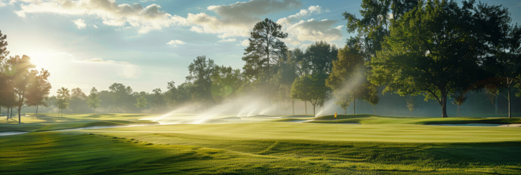 sprinklers spraying water  on green grass  in golf course  background