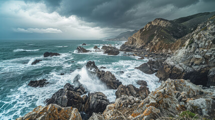 Obraz premium Rugged beauty of a rocky coastline with waves crashing against the cliffs under a blustery sky