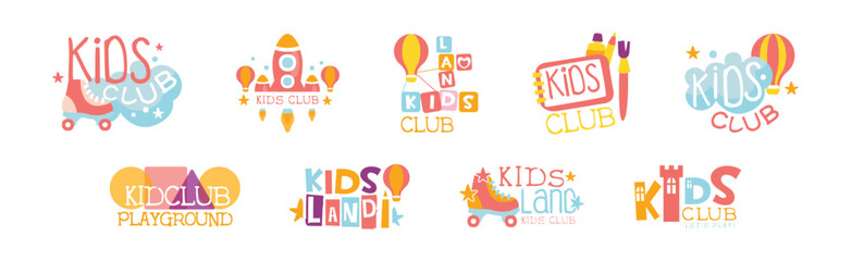 Kids Entertainment Club Colorful Promo Signs For Playing Space Vector Set