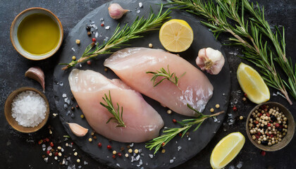 Raw chicken fillet with herbs and spices. Tasty food. Culinary concept. Top view, flat lay.