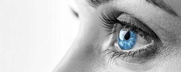 An image in black and white showing a womans right eye in closeup with a blue iris