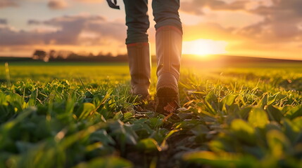 Closeup of male legs walking on a field in rubber boots during sunset